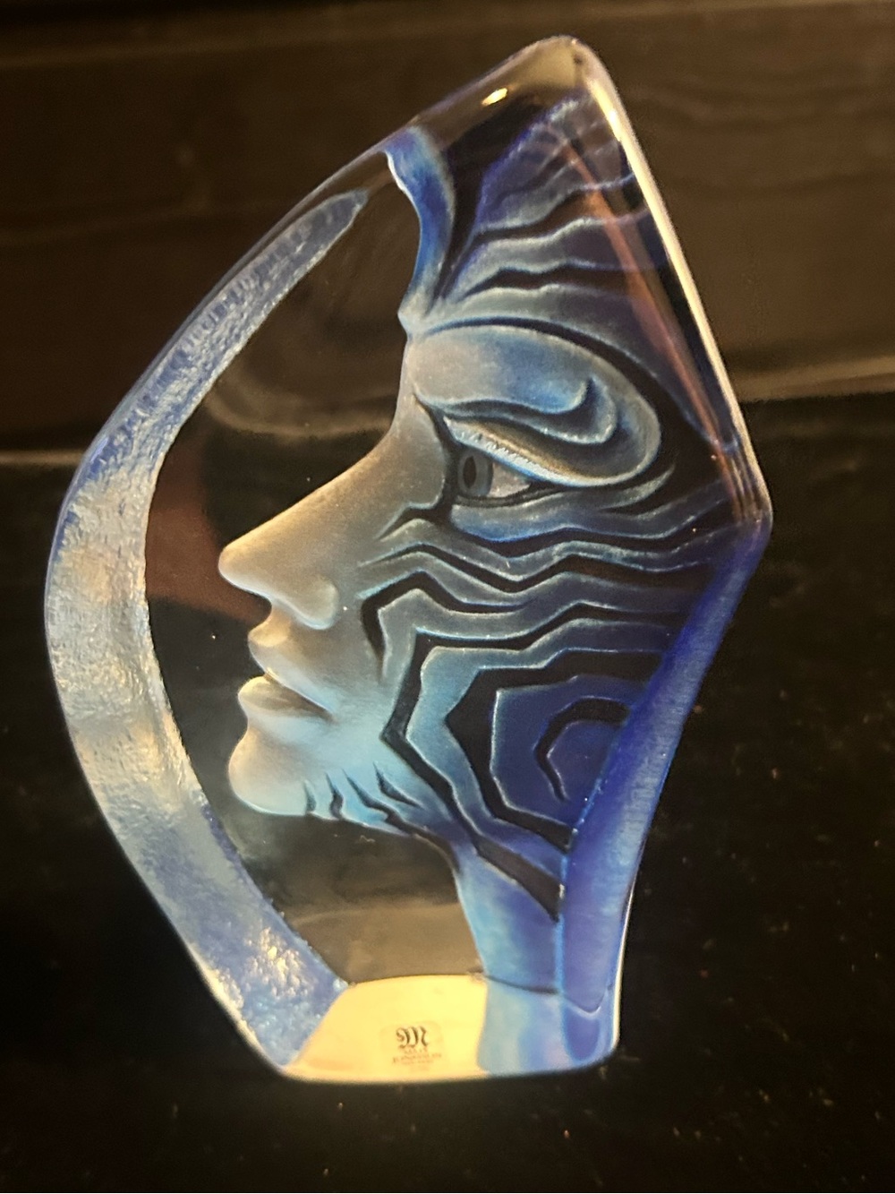 Mats Jonasson #65124 Signed Art Glass Amazona Blue Lady Crystal Face Statue